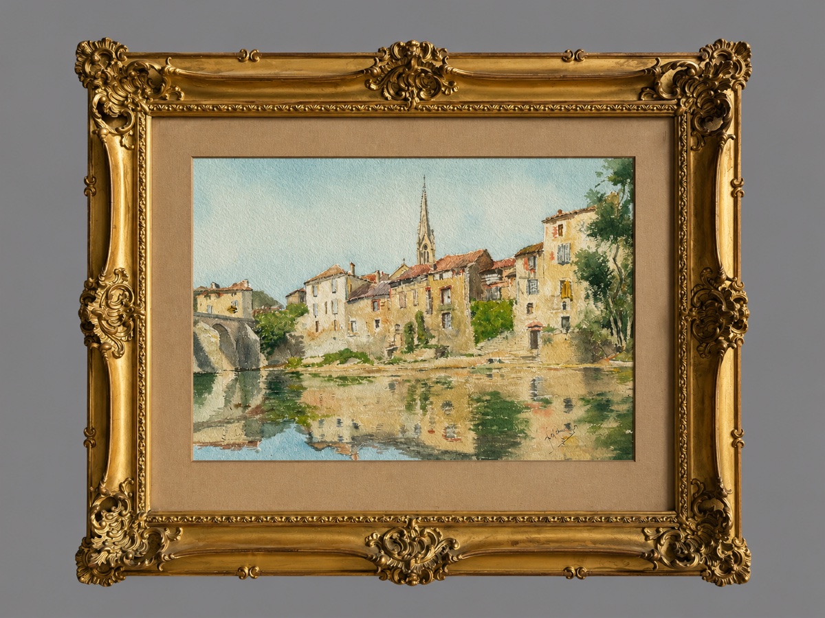 L. Deschamps "Vue de St. Antonin Noble Val"  Aquarelle 