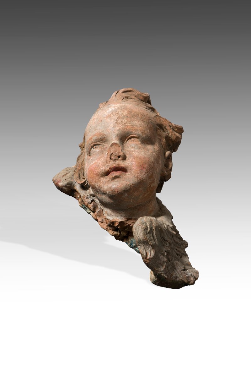 Sculpteur romain du XVIIe siècle Tête de putto en terre cuite-photo-2
