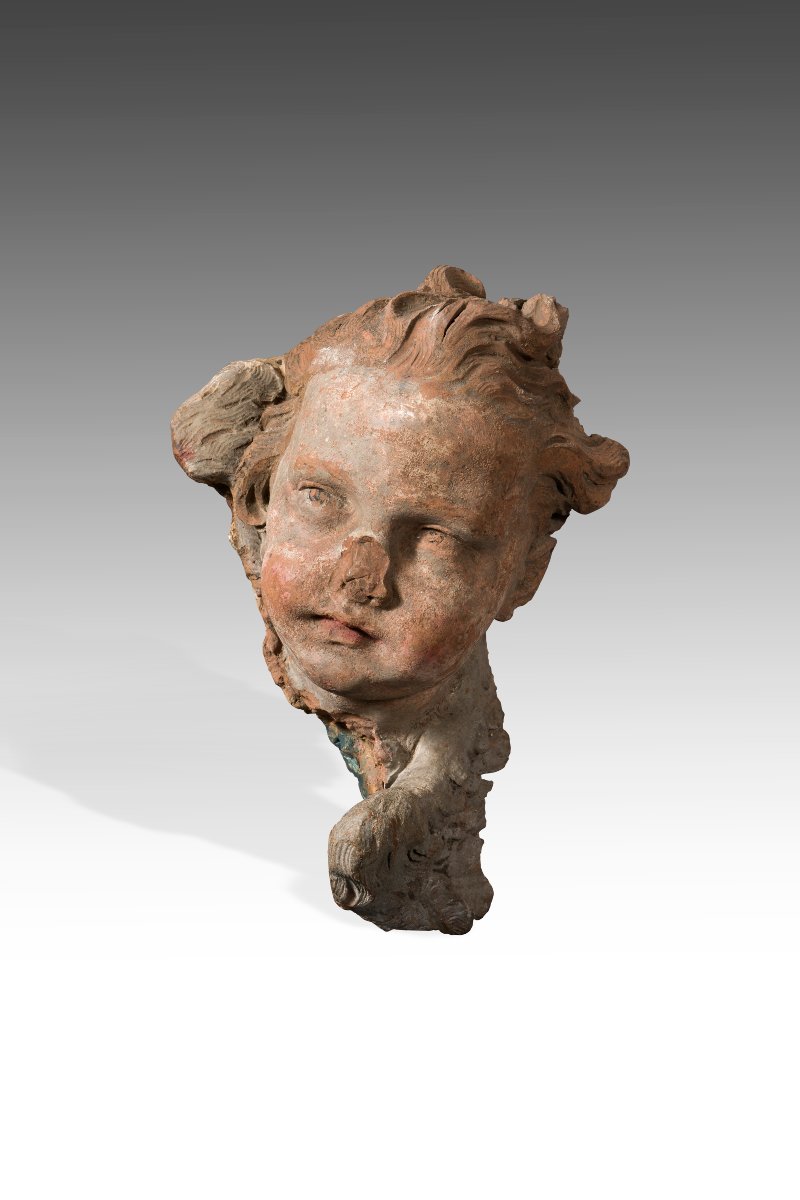 Sculpteur romain du XVIIe siècle Tête de putto en terre cuite-photo-3