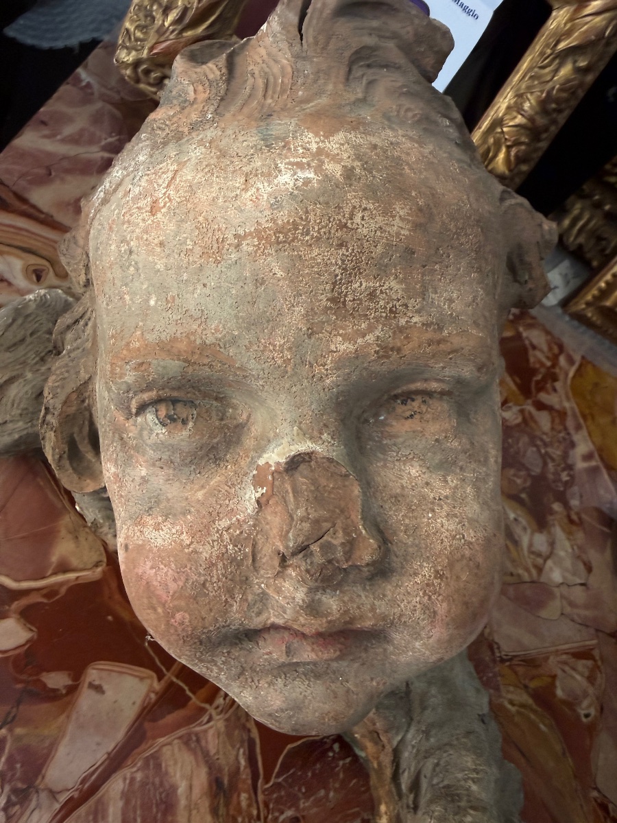 Sculpteur romain du XVIIe siècle Tête de putto en terre cuite-photo-3