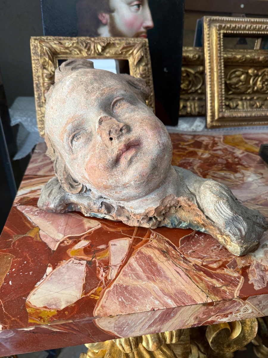 Sculpteur romain du XVIIe siècle Tête de putto en terre cuite-photo-5