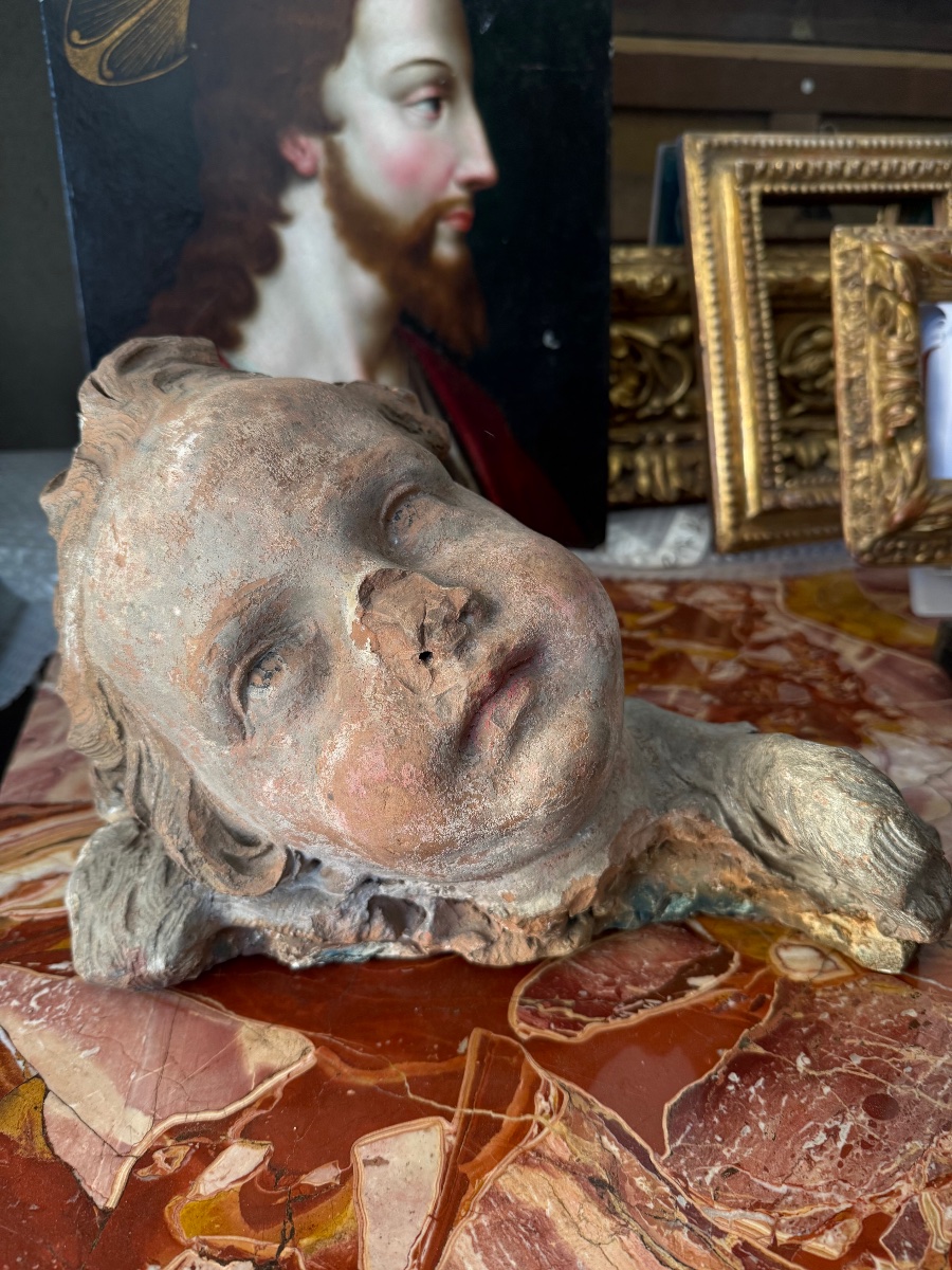 Sculpteur romain du XVIIe siècle Tête de putto en terre cuite-photo-6