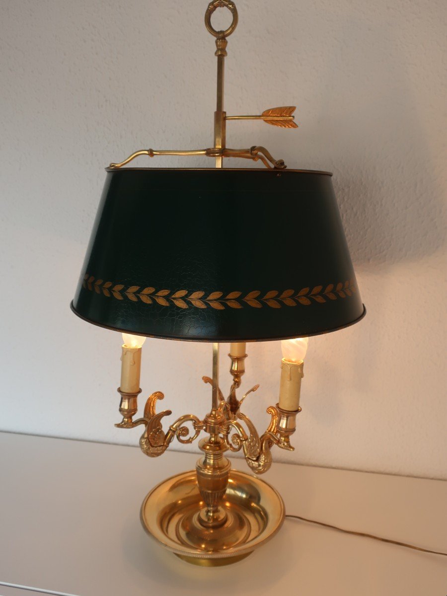 Grande Lampe Bouillotte Bronze Dore XIXème Cygnes Ailes, 3 Bras De Lumiere,  Abat-jour Tôle