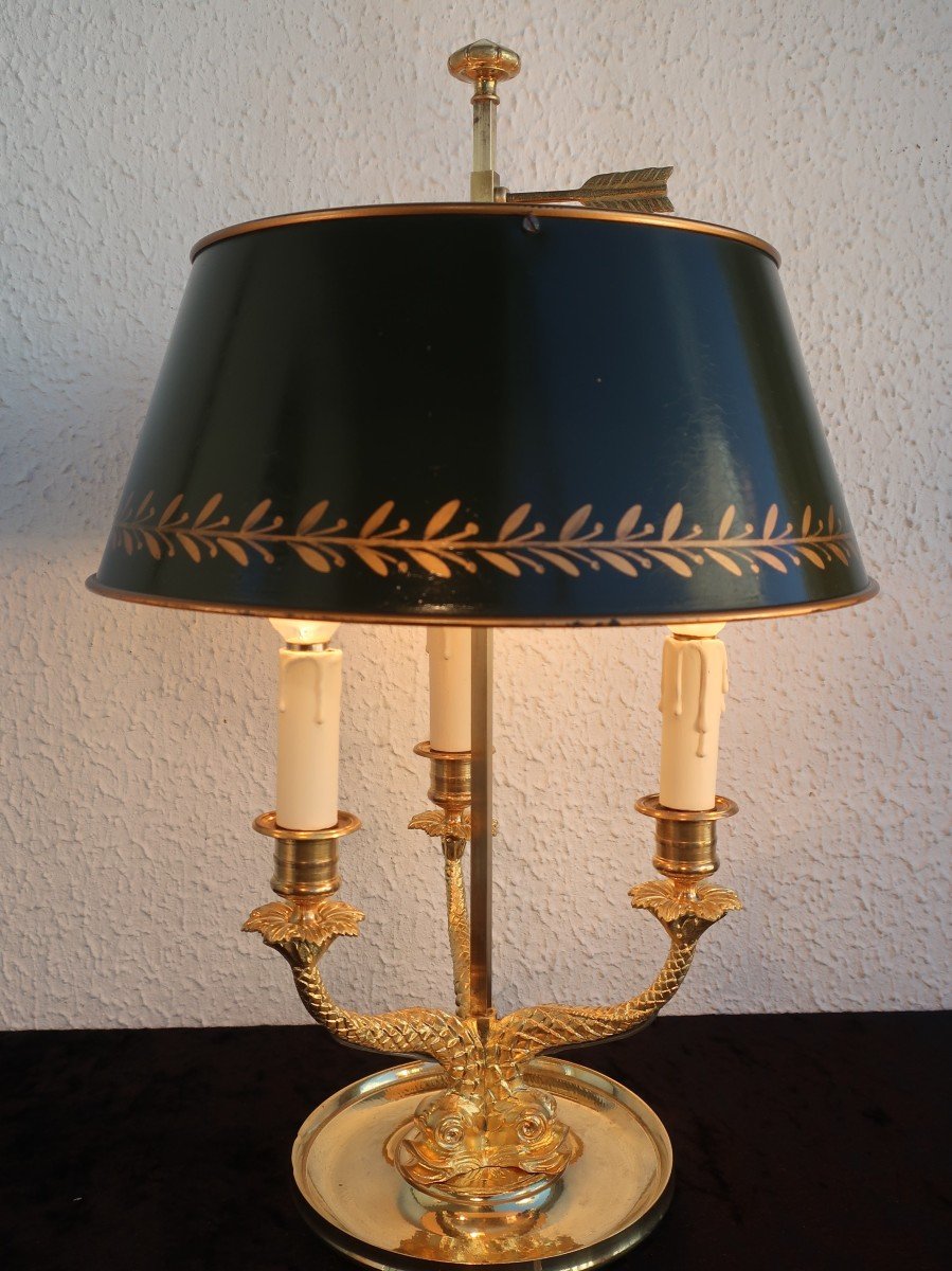 XIXth Hot Water Bottle Lamp Dore Bronze 3 Arms Of Light With Dolphin-photo-1