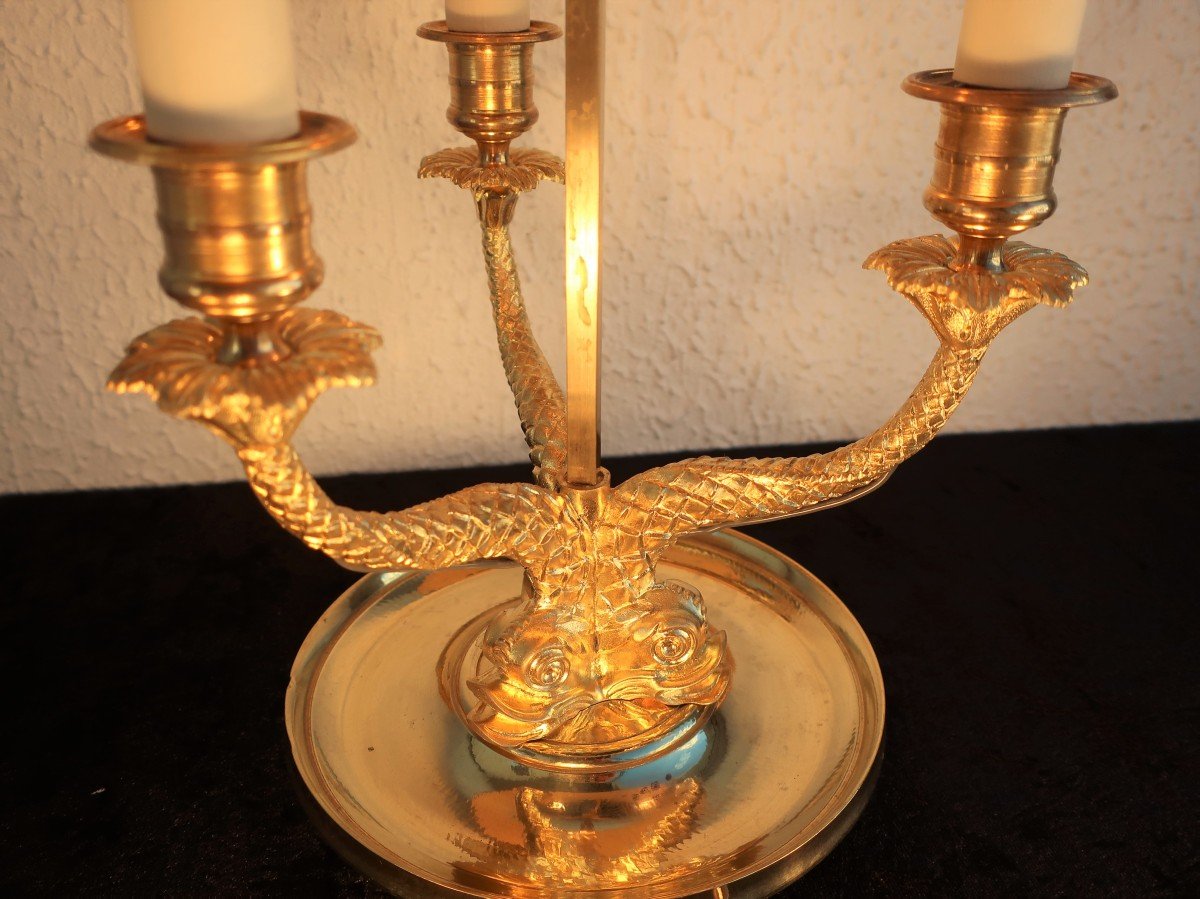 XIXth Hot Water Bottle Lamp Dore Bronze 3 Arms Of Light With Dolphin-photo-2