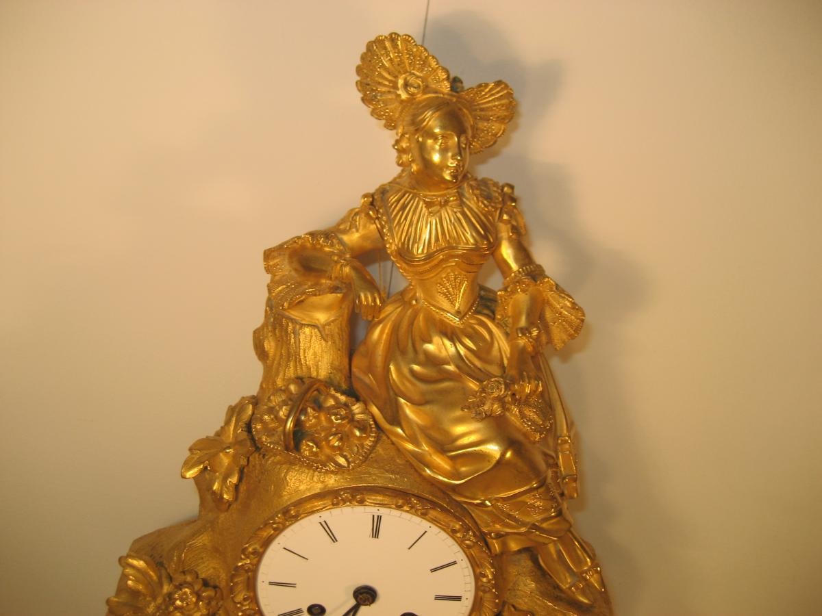 PENDULE BRONZE DORE (DAME DE LA COUR) 1830 DORURE MERCURE -photo-2