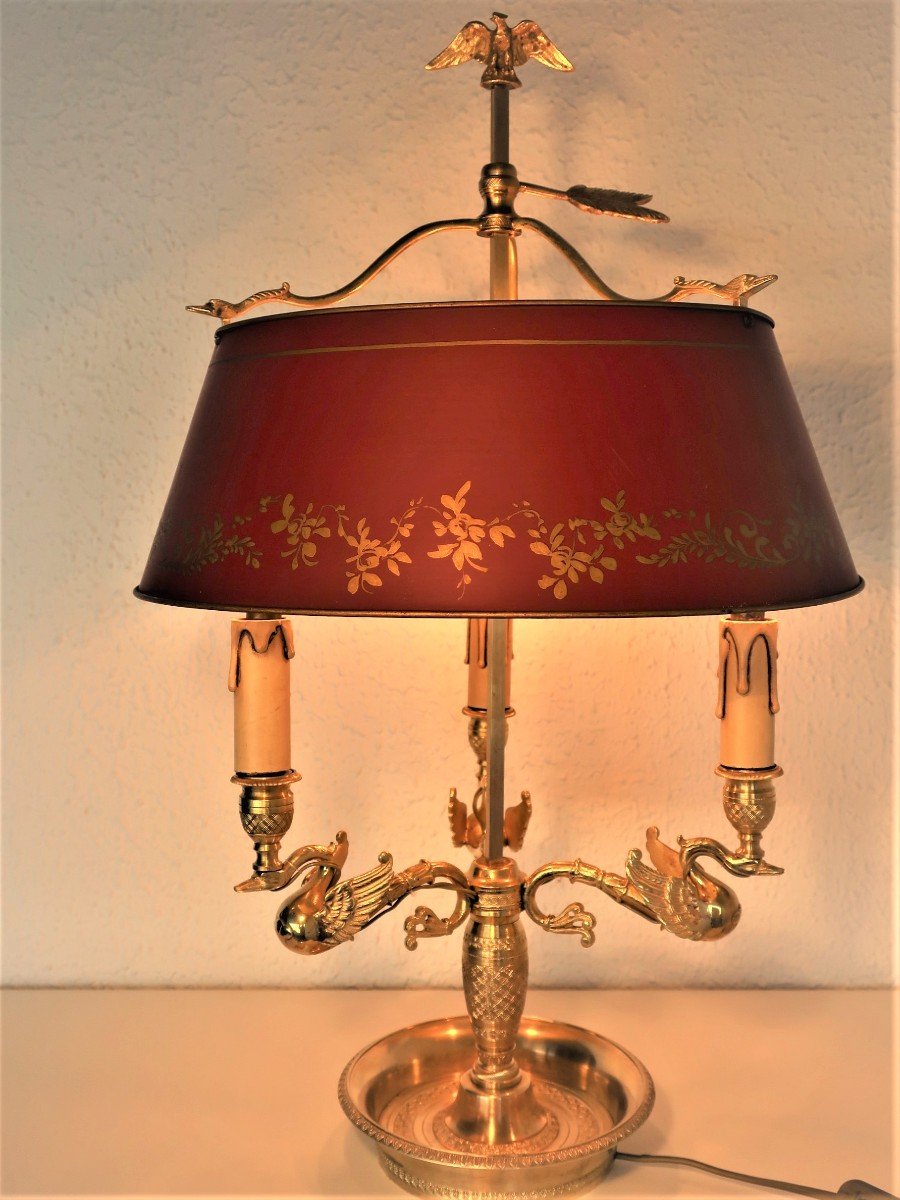 Grande Lampe Bouillotte Bronze Dore XIXème Cygnes Ailes 3 Bras De Lumiere-photo-5