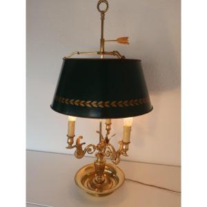 Large Hot Water Bottle Lamp Bronze Dore Nineteenth Swans Wings, 3 Arms Of Light, Sheet Lampshade