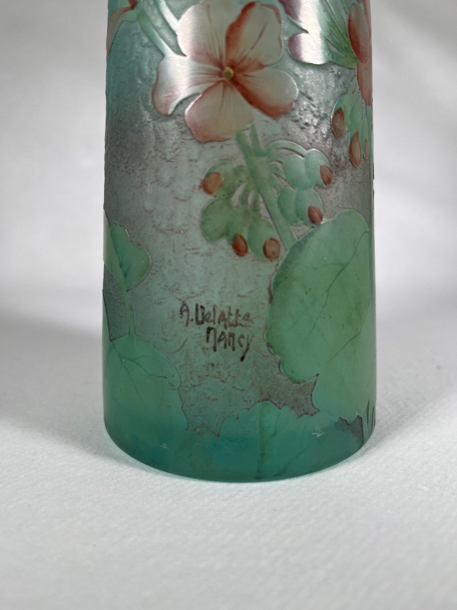 Delatte Nancy Vase With Geranium Decor Gallé Period, Art Nouveau -photo-3