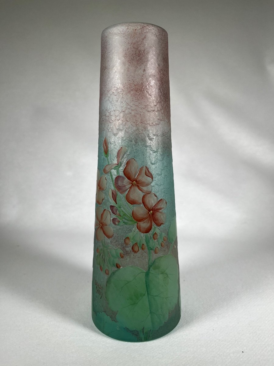 Delatte Nancy Vase With Geranium Decor Gallé Period, Art Nouveau 