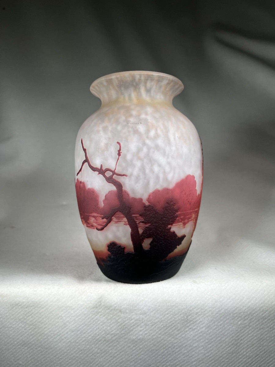 Muller Brothers Vase, Pink Lake Landscape, Gallé Era-photo-2