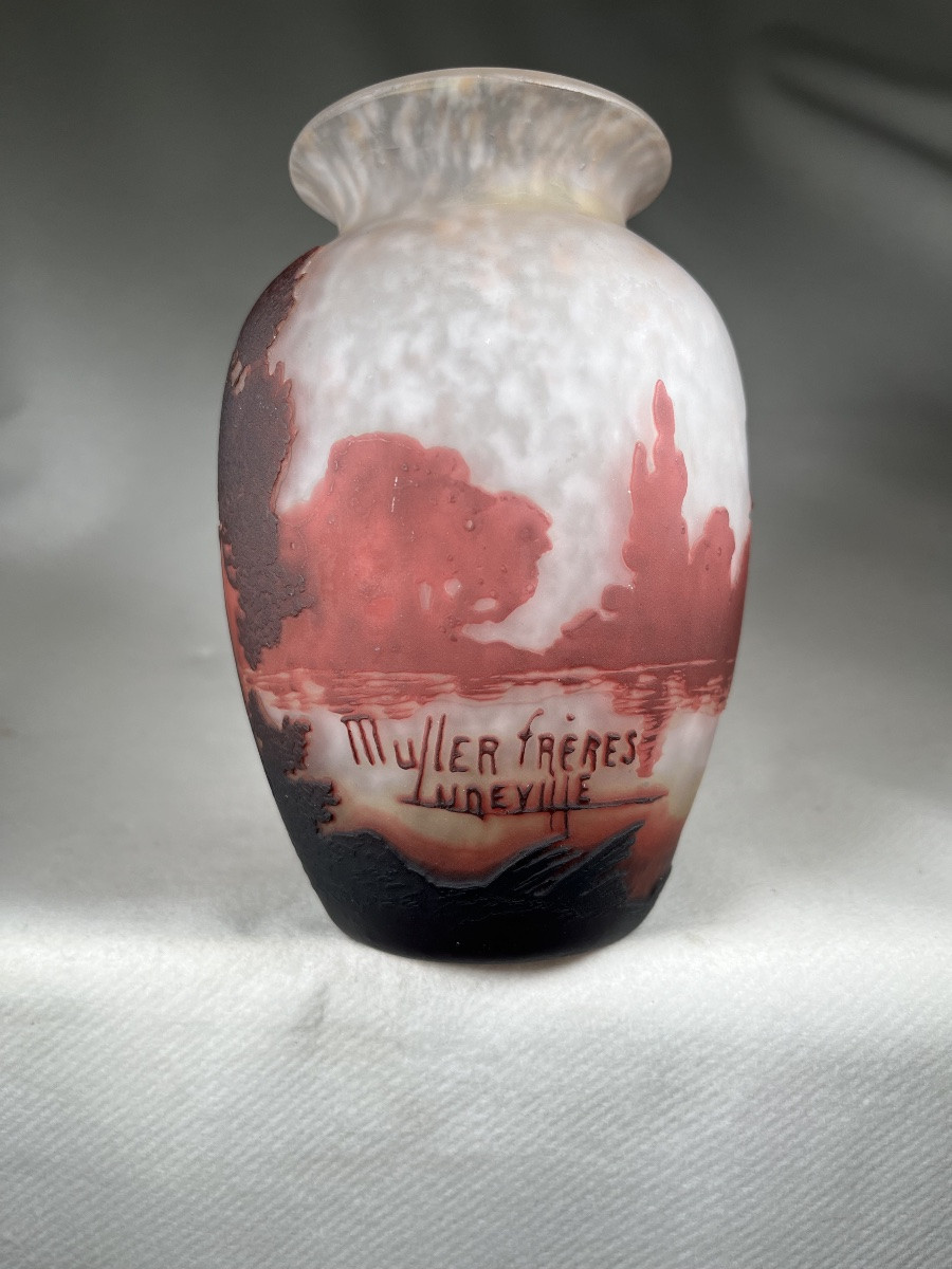 Muller Brothers Vase, Pink Lake Landscape, Gallé Era-photo-3