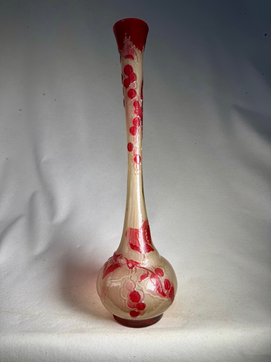 Large émile Gallé Soliflore Vase, Fire-polished "gooseberries" 32 Cm-photo-1