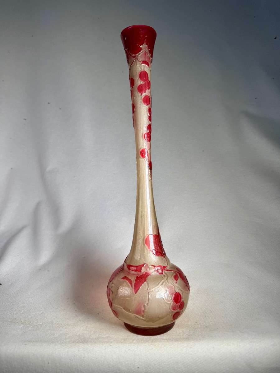 Large émile Gallé Soliflore Vase, Fire-polished "gooseberries" 32 Cm-photo-2