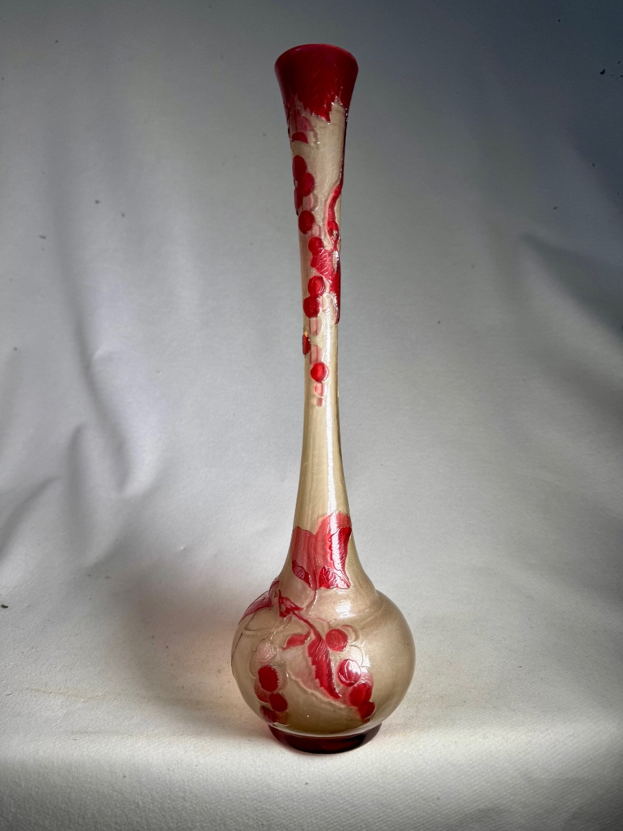 Large émile Gallé Soliflore Vase, Fire-polished "gooseberries" 32 Cm