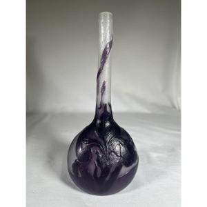 Vase émile Gallé à Décor D’iris Violet Poli Aux Feu, Art Nouveau 