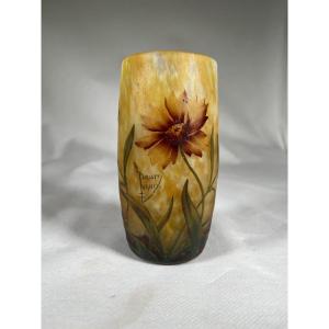 Pretty Daum Nancy Vase With Arnica Decor, Era Gallé Art Nouveau 