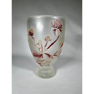 émile Gallé Crystal Vase Decorated With Enamelled Thistles, Art Nouveau 