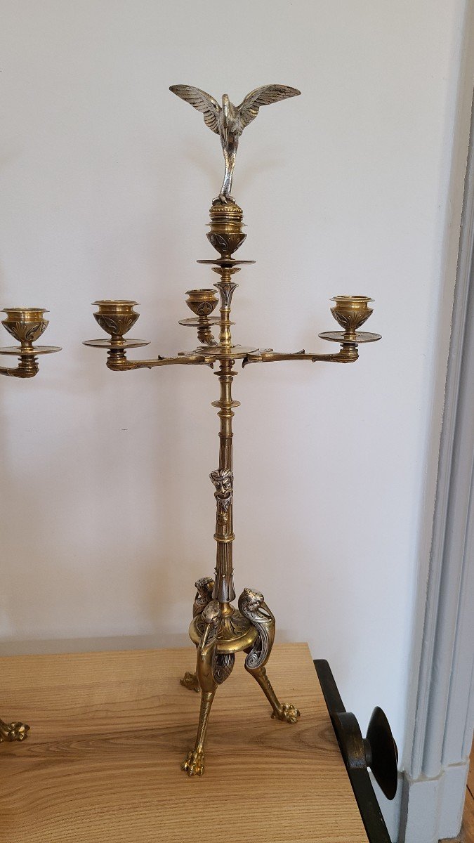 Pair Of Candelabra With Storks In Gilt And Silver Bronze-photo-3