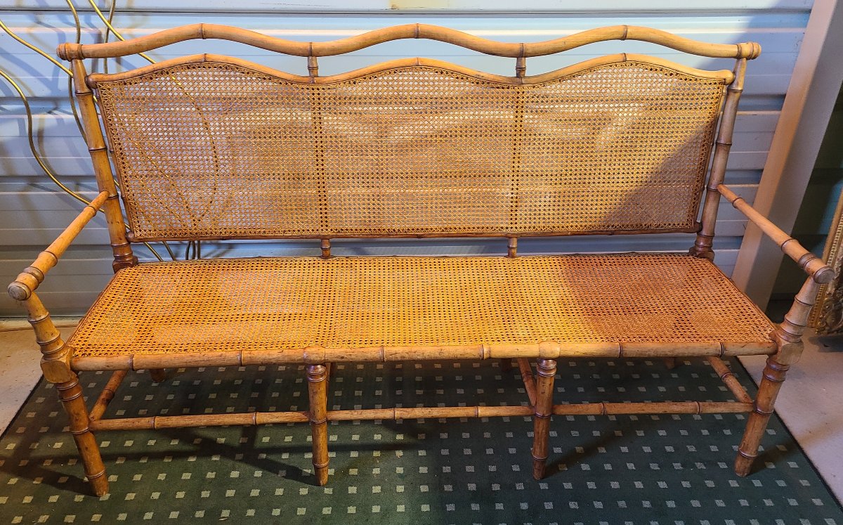 1900 Bench In Imitation Bamboo And Cane Wood-photo-2