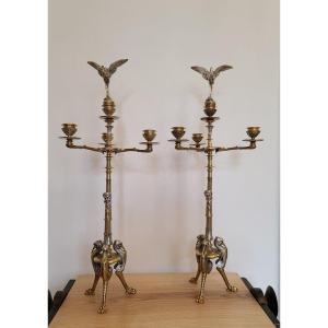 Pair Of Candelabra With Storks In Gilt And Silver Bronze