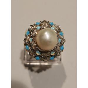 Bague ancienne, année   `40 émail bleu et perle