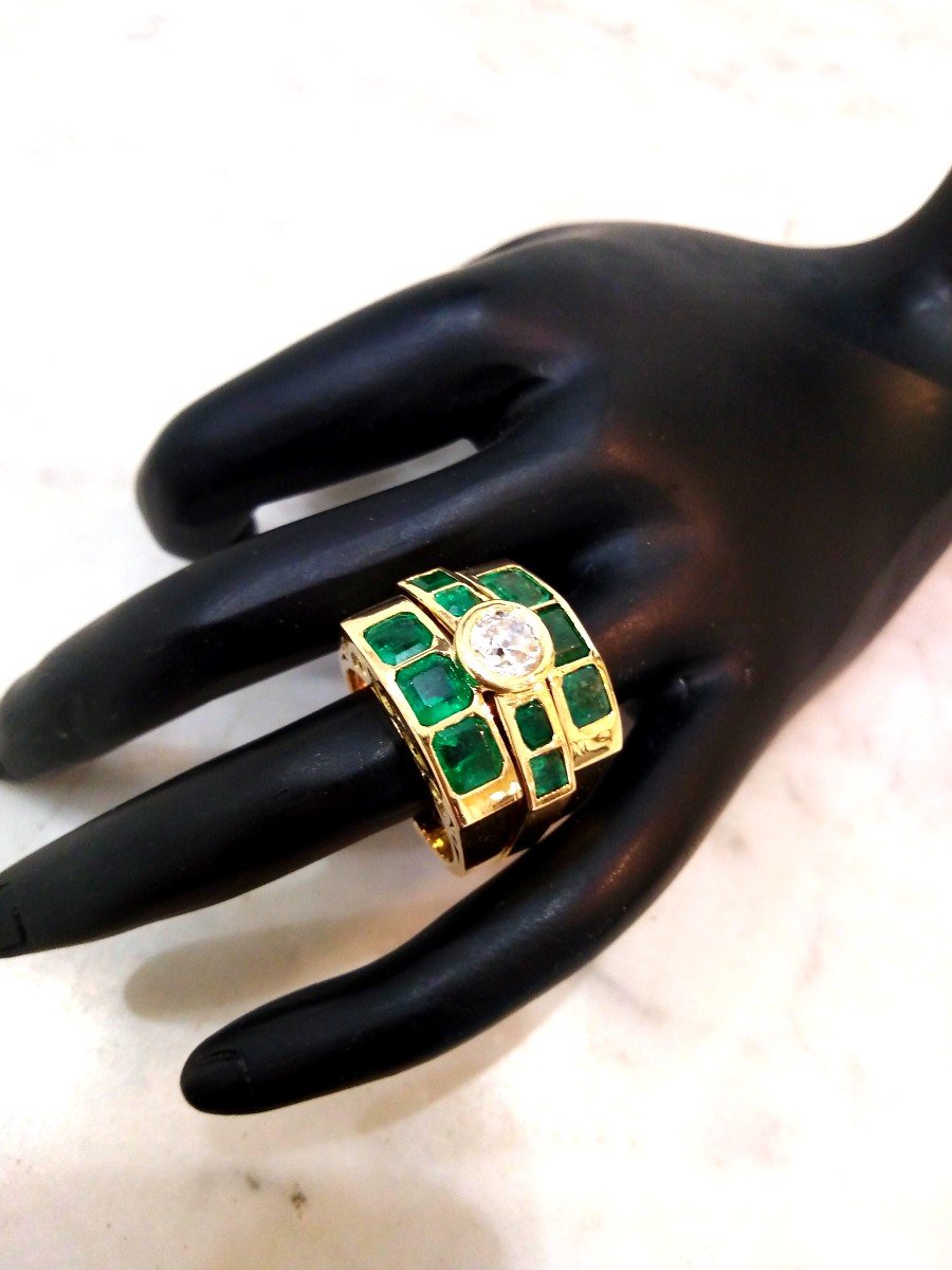 Tank Ring Yellow Gold Emeralds Diamond-photo-2