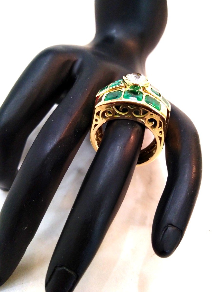 Tank Ring Yellow Gold Emeralds Diamond-photo-3