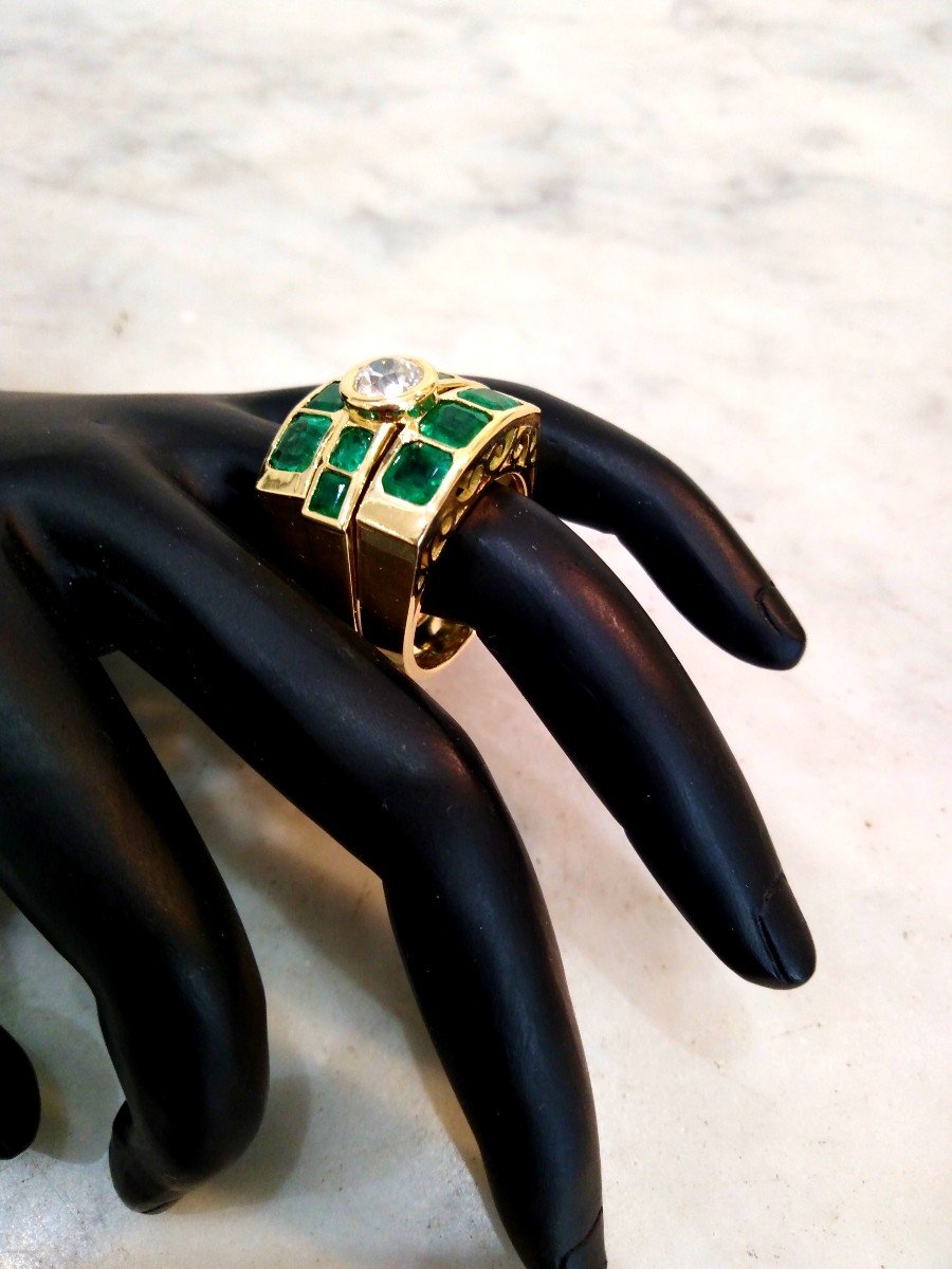 Tank Ring Yellow Gold Emeralds Diamond-photo-5