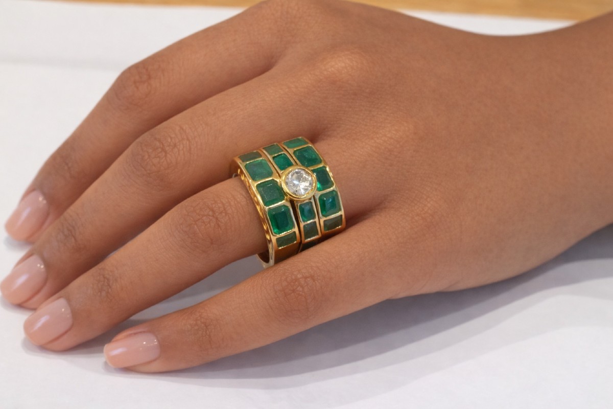 Bague Tank Or Jaune Emeraudes Diamant-photo-7