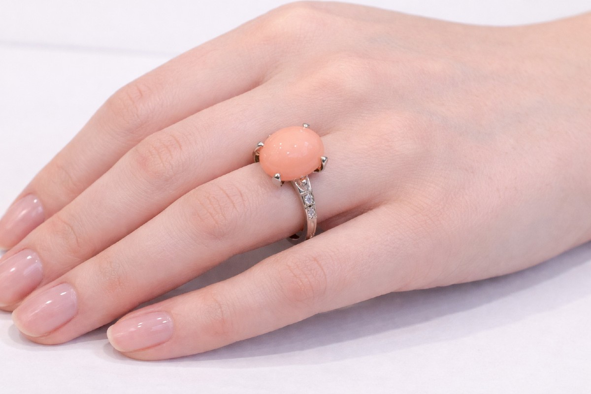 Bague Ancienne Platine Diamants Corail-photo-6