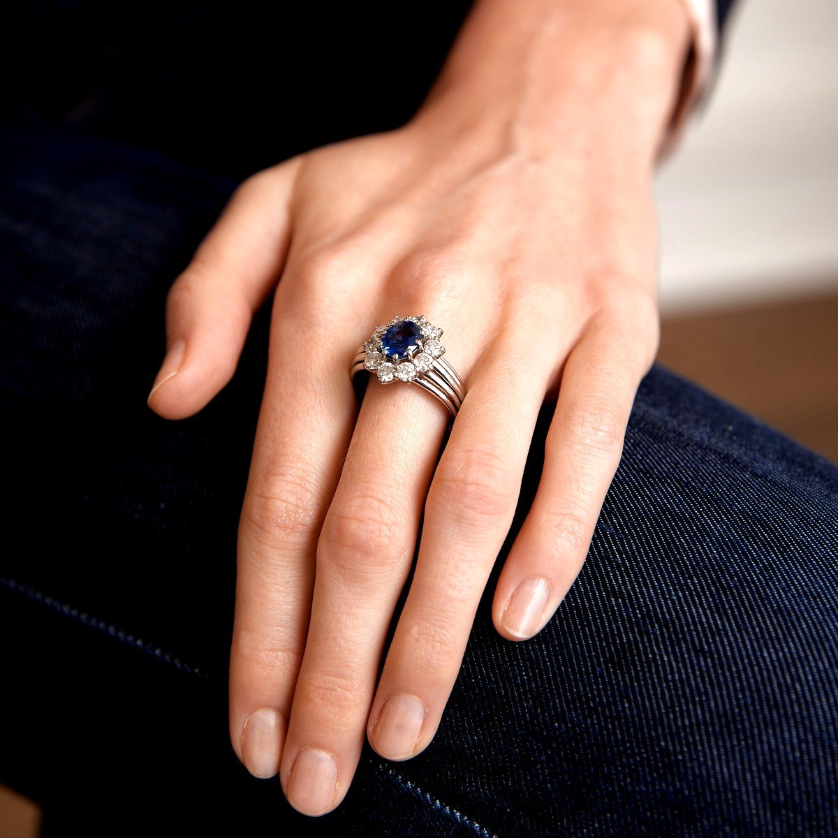 Bague Marguerite Platine Saphir Ceylan Intense Blue Diamants (Certificat)-photo-4