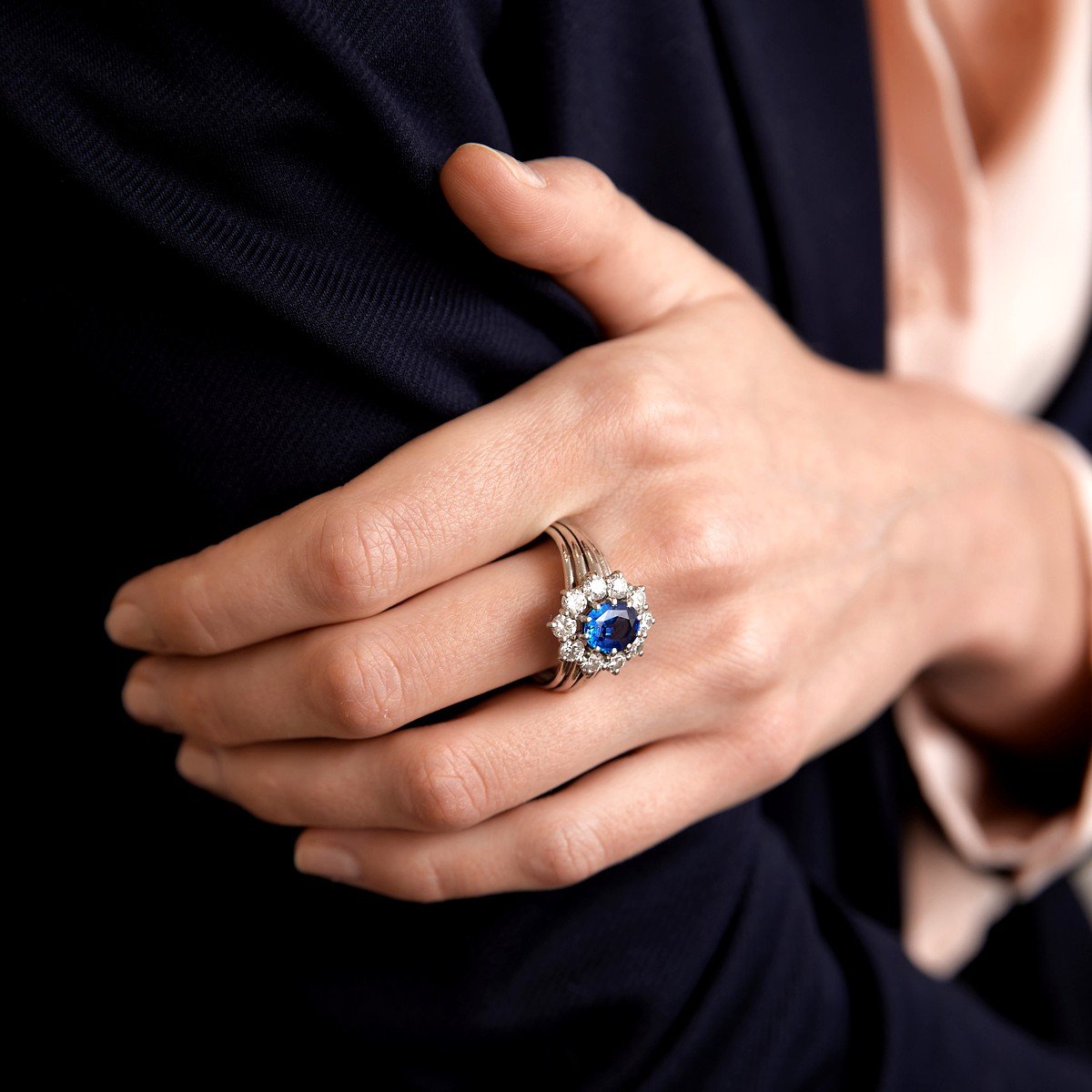 Bague Marguerite Platine Saphir Ceylan Intense Blue Diamants (Certificat)-photo-1