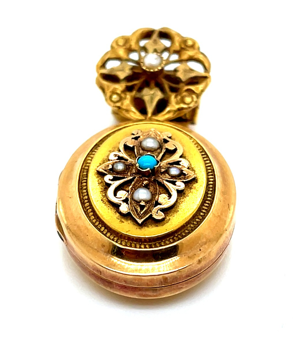 Pendentif Porte Photo Napoléon III Or Jaune Turquoise Perles