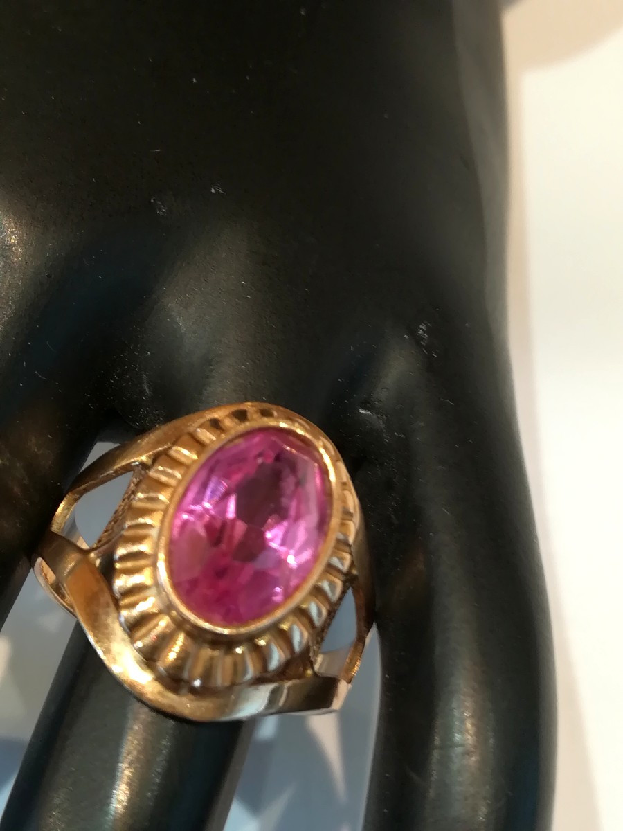 Bague Vintage Soviétique Or Jaune Pierre Rose-photo-3