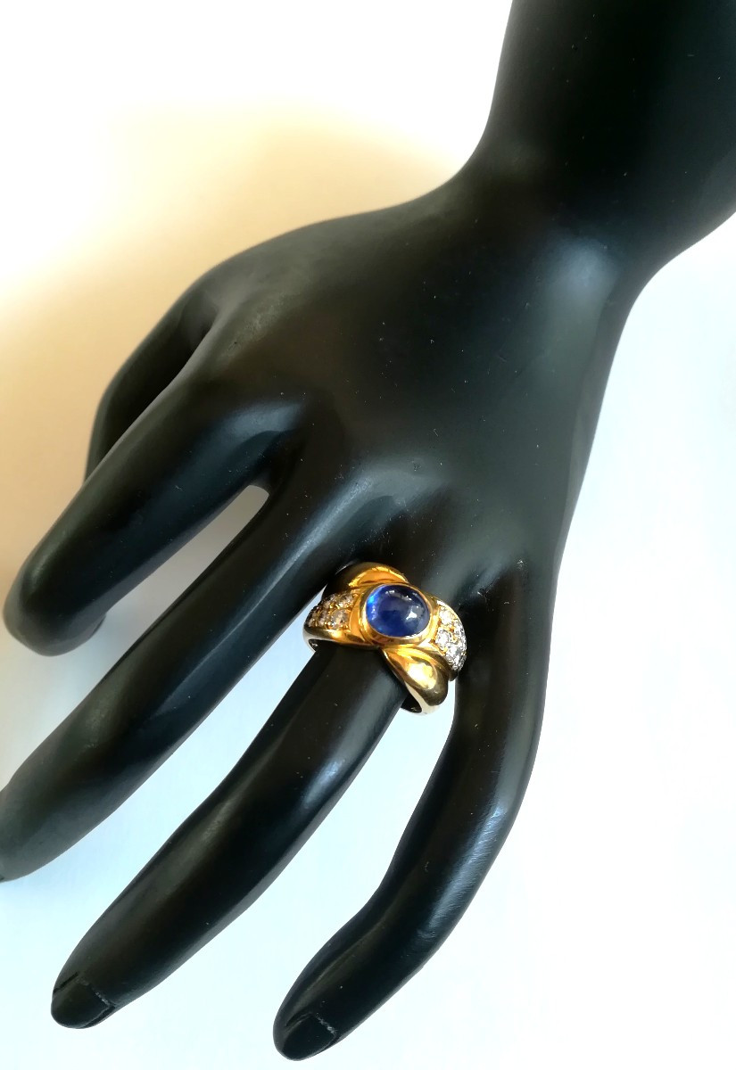 Bague Jonc Croisé Or Jaune Saphir Diamants-photo-2