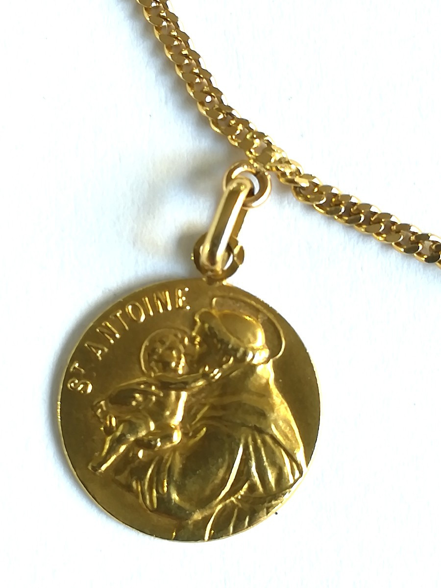 Yellow Gold Necklace 3 Religious Medals-photo-2