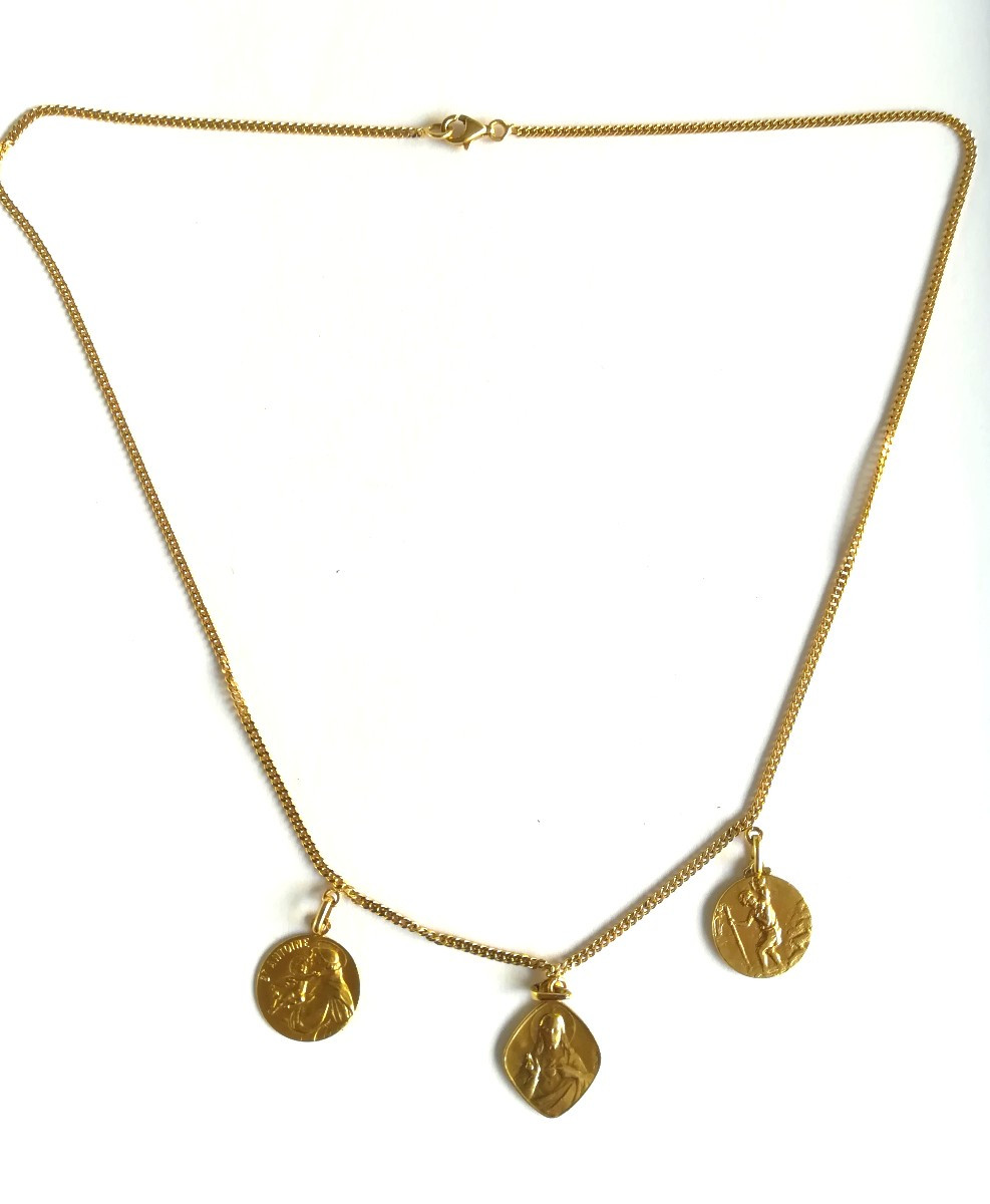 Yellow Gold Necklace 3 Religious Medals