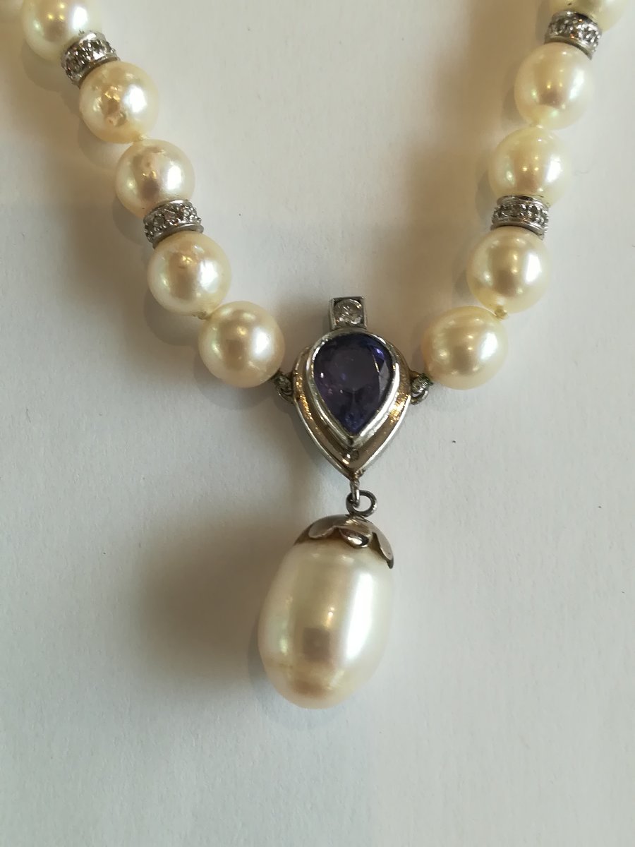 Parure Collier et Boucles d Oreille Perles Diamants Tanzanites-photo-2