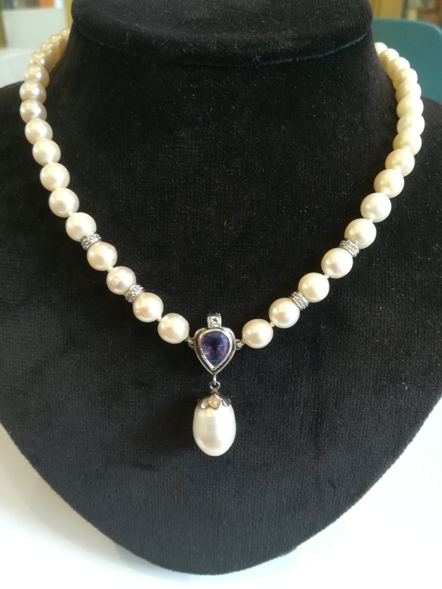 Parure Collier et Boucles d Oreille Perles Diamants Tanzanites-photo-4