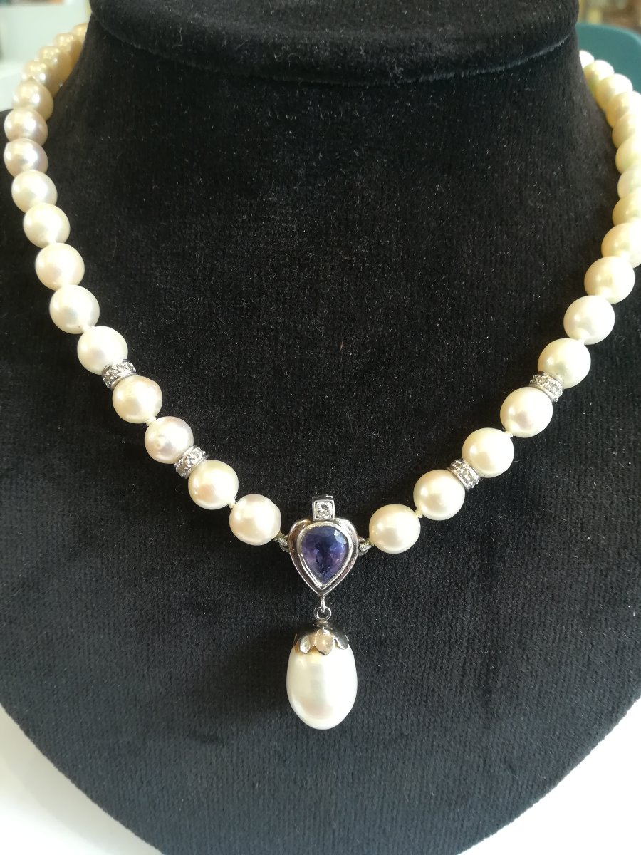 Parure Collier et Boucles d Oreille Perles Diamants Tanzanites-photo-1