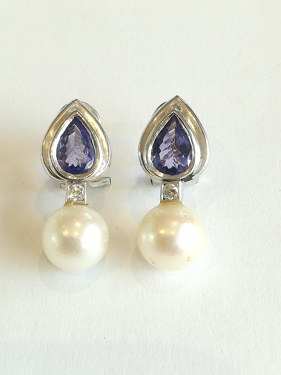 Parure Collier et Boucles d Oreille Perles Diamants Tanzanites-photo-2