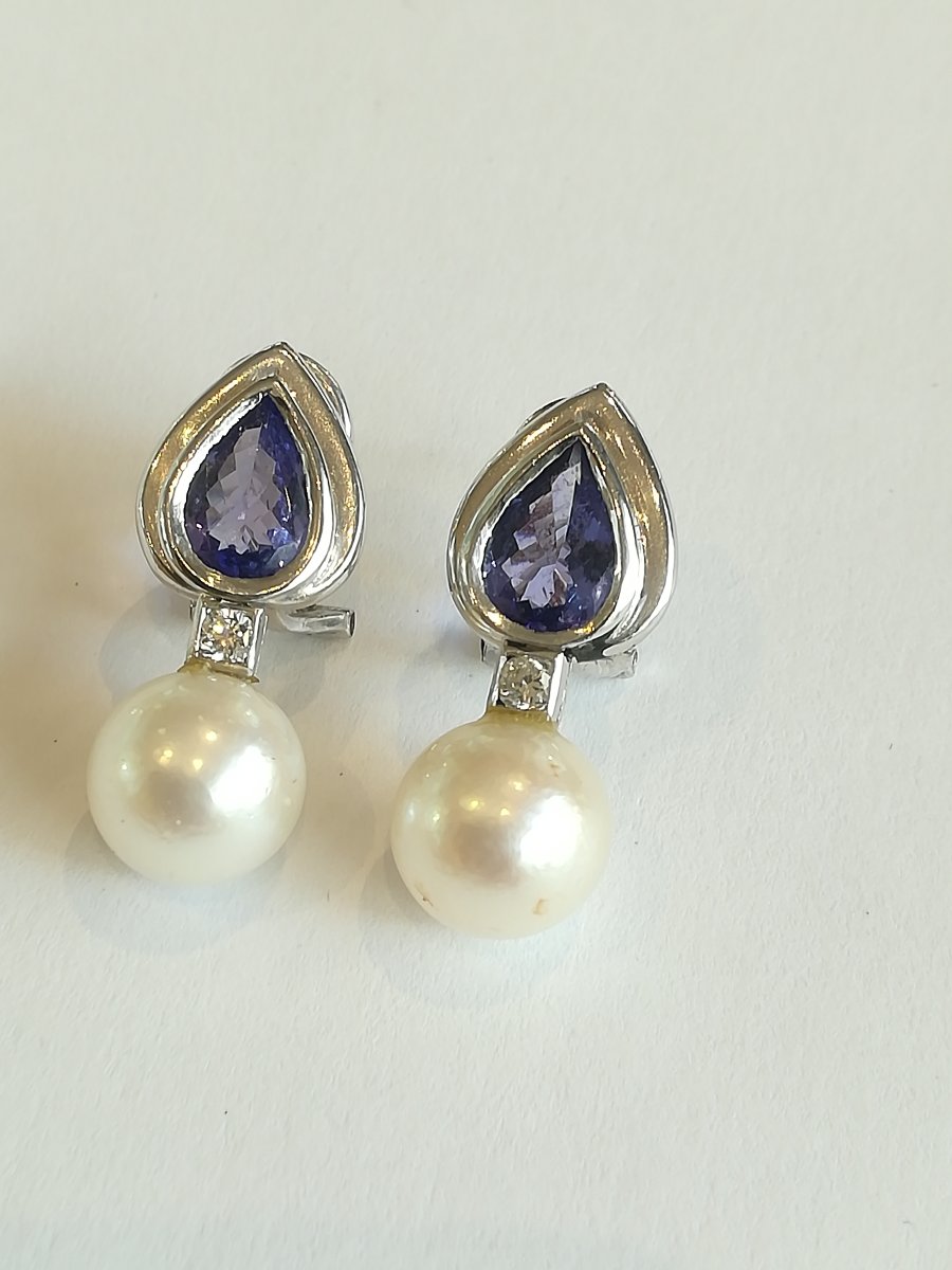 Parure Collier et Boucles d Oreille Perles Diamants Tanzanites-photo-3