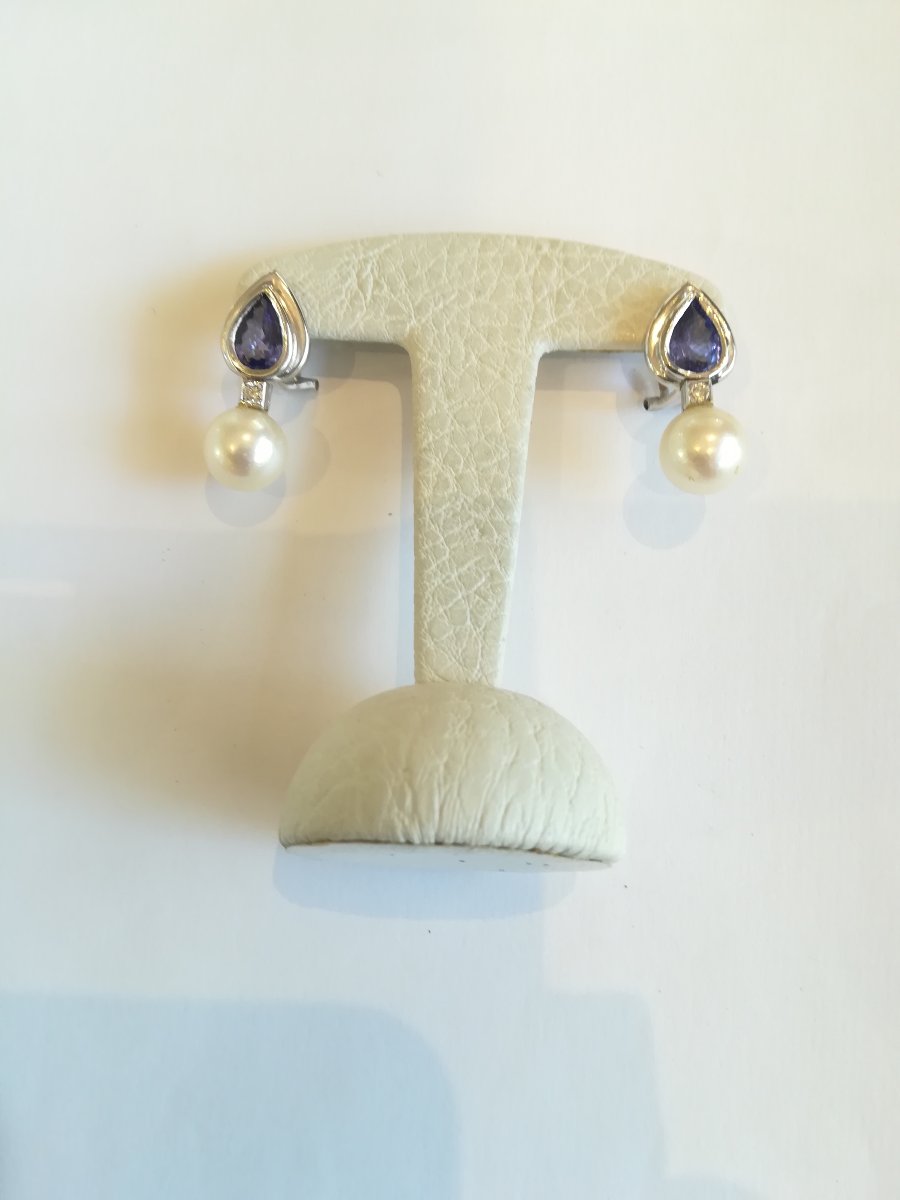 Parure Collier et Boucles d Oreille Perles Diamants Tanzanites-photo-5