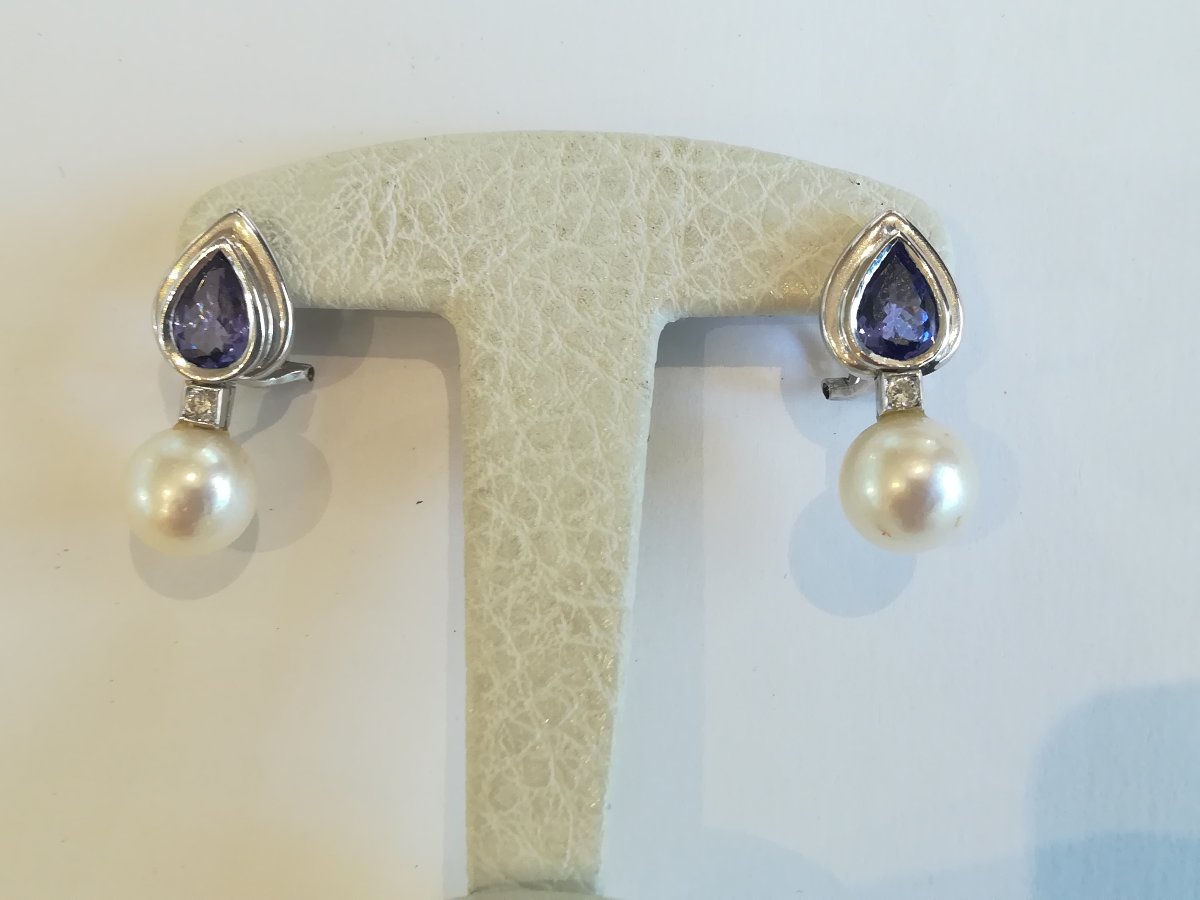 Parure Collier et Boucles d Oreille Perles Diamants Tanzanites-photo-6