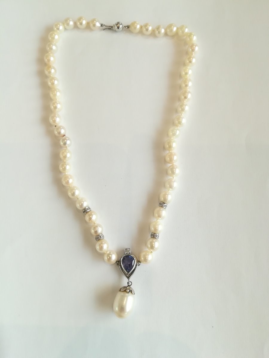 Parure Collier et Boucles d Oreille Perles Diamants Tanzanites