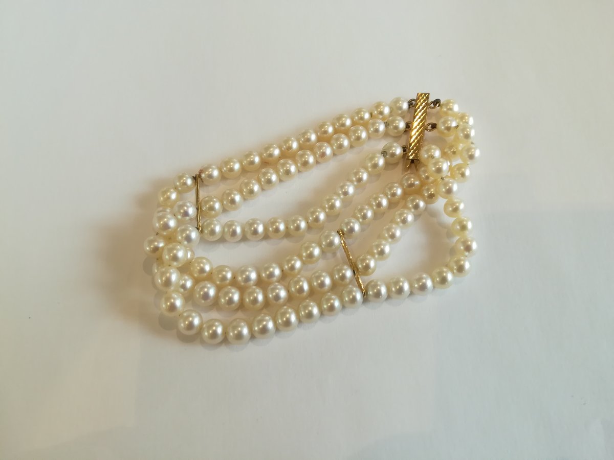 3-strand Yellow Gold Pearl Bracelet-photo-2