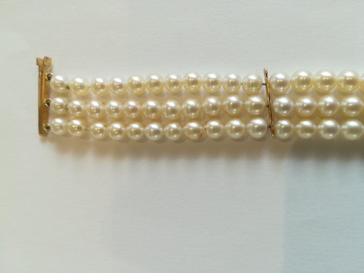 3-strand Yellow Gold Pearl Bracelet-photo-4