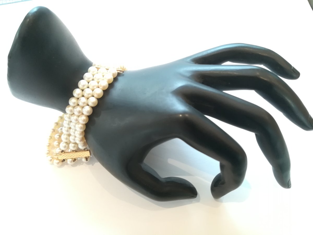 3-strand Yellow Gold Pearl Bracelet-photo-2