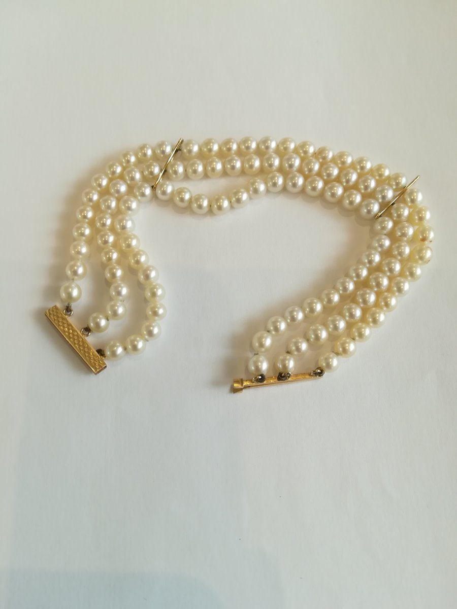 3-strand Yellow Gold Pearl Bracelet